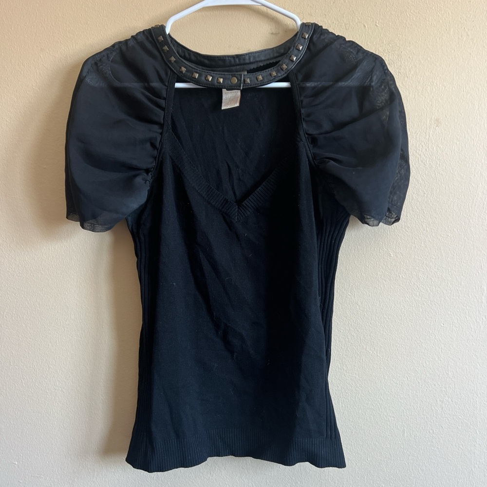 Carabella Whimsy Goth Silk Black Dark Academia Ribbed Top Leather Studs Size S